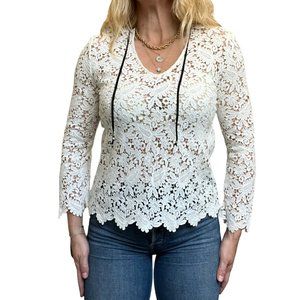 MAJE White crochet lace top with attached black velvet necktie Size S